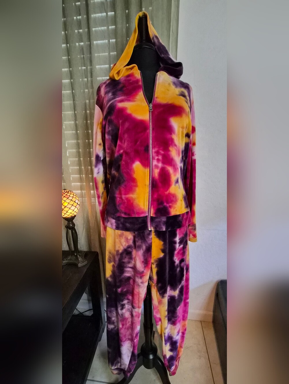 Tie-Dye Velvet Zip Jacket and Pants Set - Pink, Yellow, Purple #0266